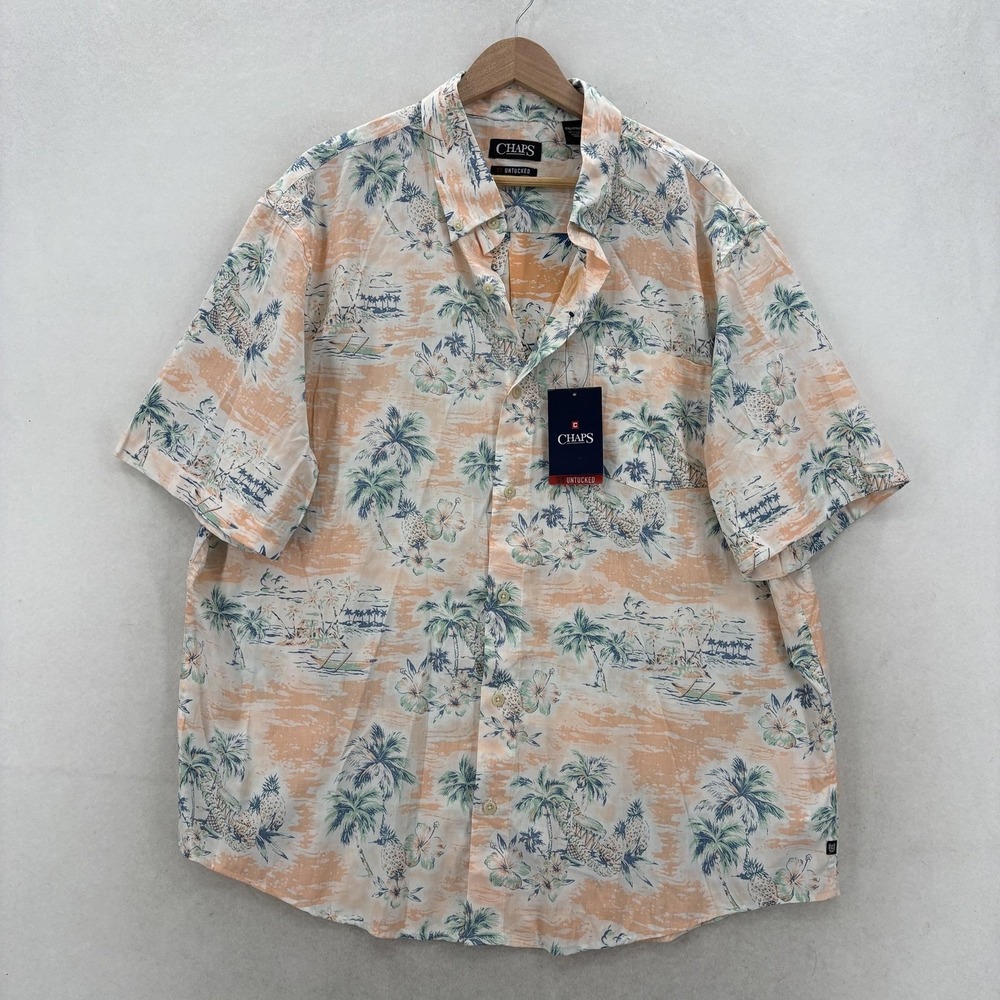 Chaps Go Untucked Shirt Mens 2XL Papaya Tropical Floral Short Sleeve Hawaiian